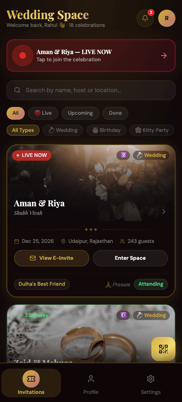 FeelLive wedding invitation feed with Indian wedding celebrations