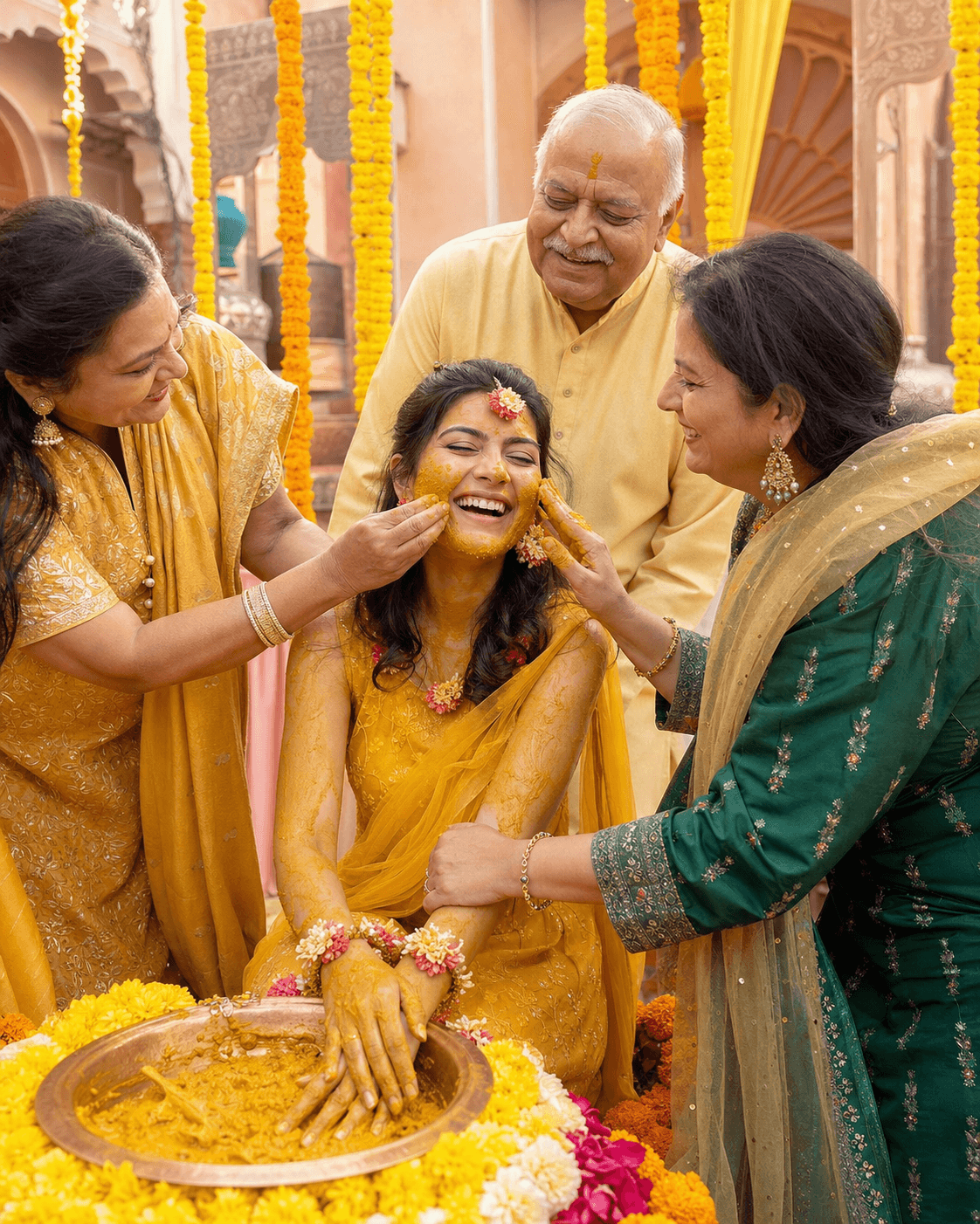 Indian family celebrating a joyful haldi ceremony
