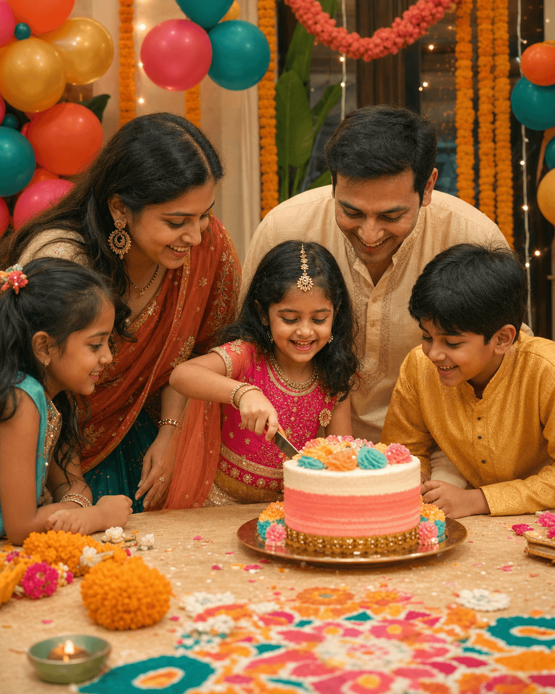 Indian family celebrating a colourful kids birthday party