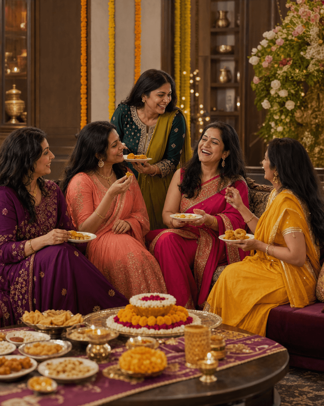 Indian women enjoying a colourful kitty party with traditional snacks