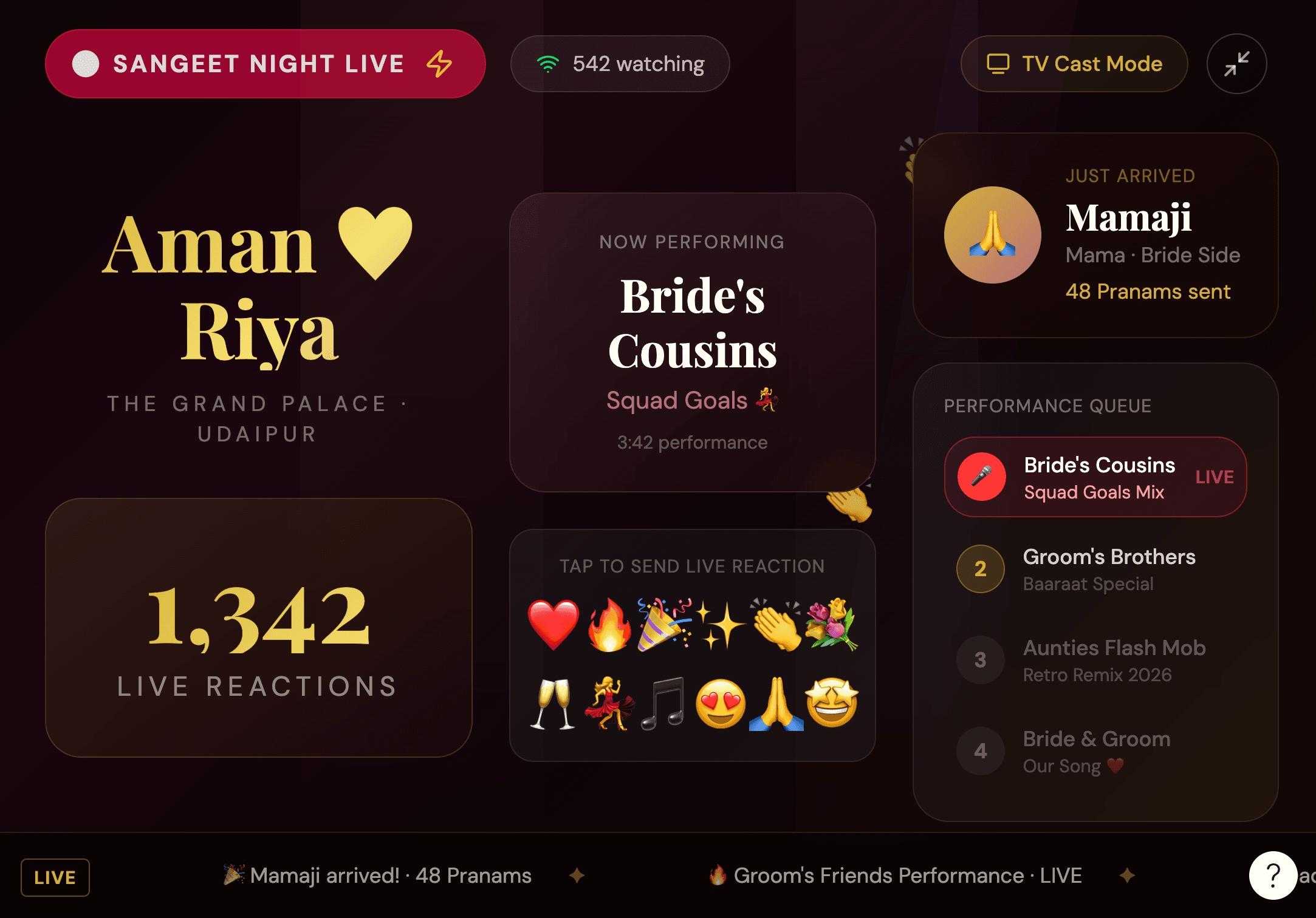 FeelLive Sangeet Night live TV cast screen with live reactions