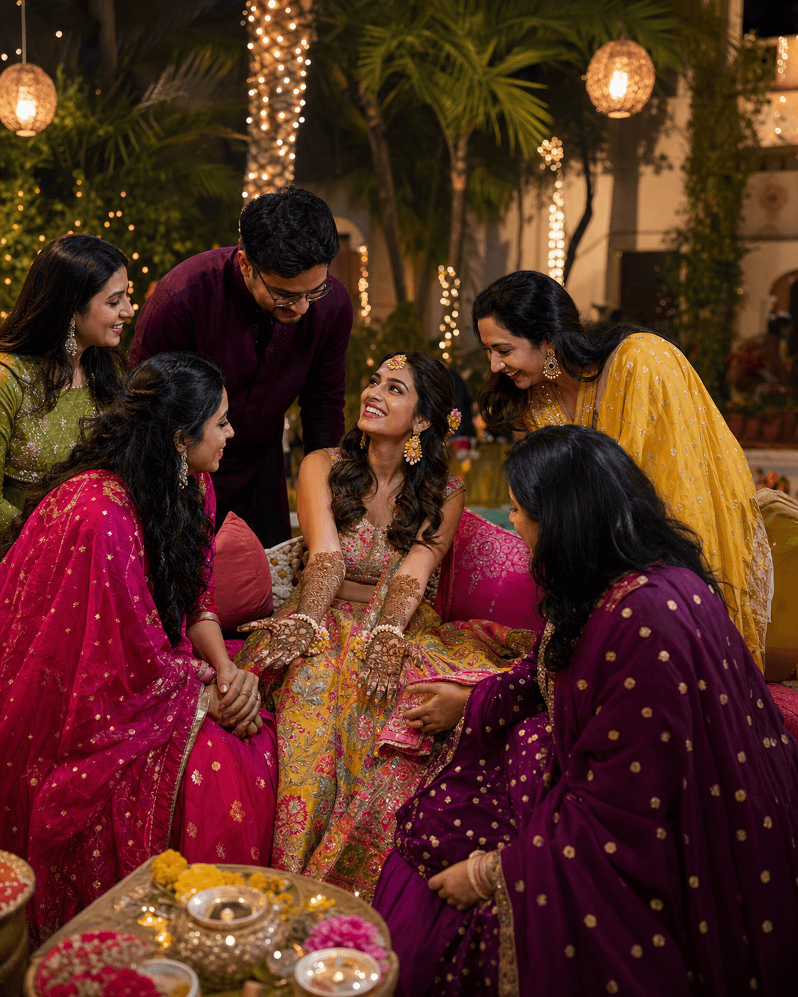 Indian friends gathered around a bride at a mehendi celebration