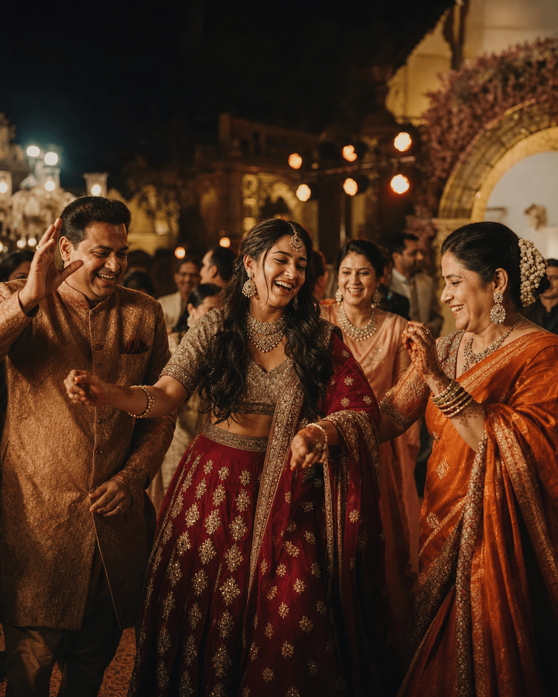 Indian family dancing together at a wedding sangeet celebration