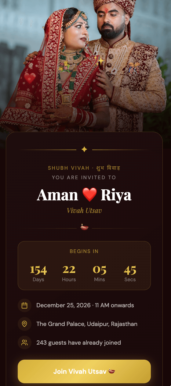 FeelLive wedding invitation screen for Aman and Riya